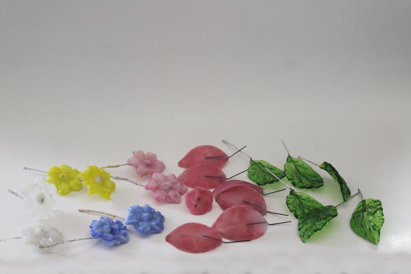 photo of vintage Murano art glass flowers, flower petals and leaves w/ wire stems #1