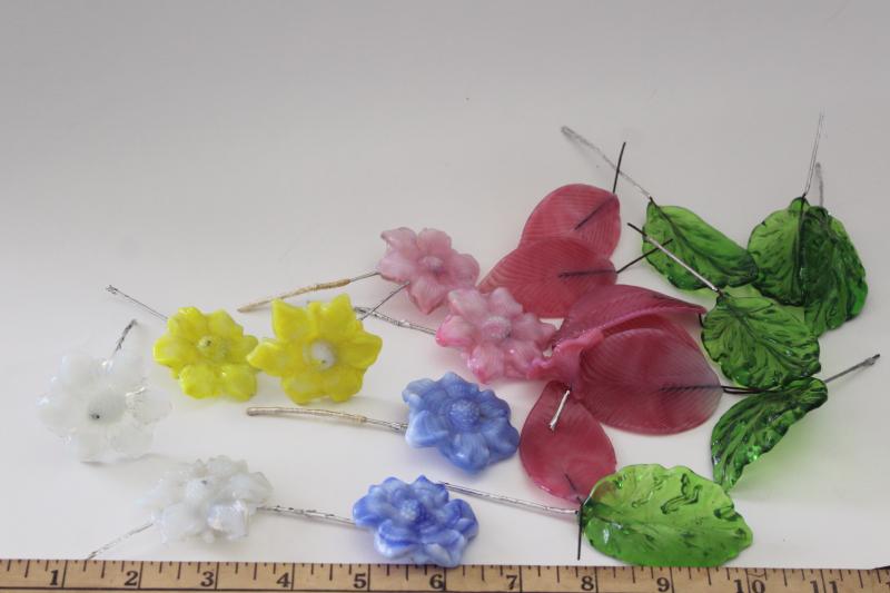 photo of vintage Murano art glass flowers, flower petals and leaves w/ wire stems #2