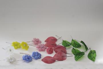 catalog photo of vintage Murano art glass flowers, flower petals and leaves w/ wire stems