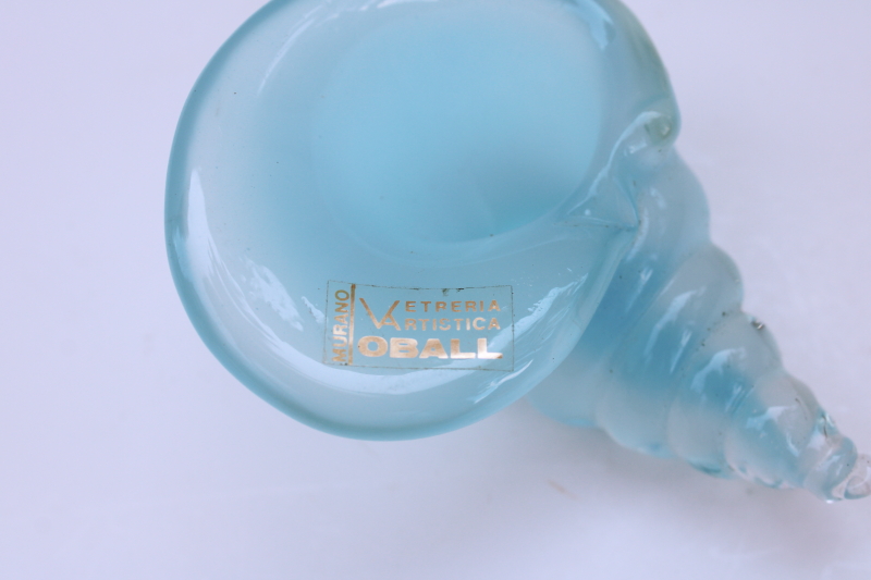 photo of vintage Murano art glass sea shell, blue opalescent glass Vetreria Artistica Oball label  #3