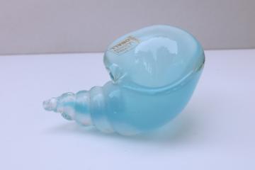 vintage Murano art glass sea shell, blue opalescent glass Vetreria Artistica Oball label 