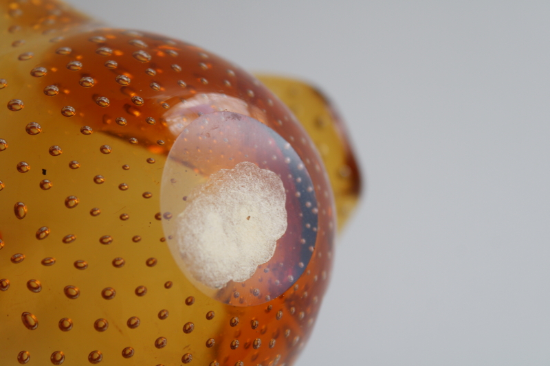 photo of vintage Murano art glass shamrock bowl, controlled bubbles hand blown glass amber gold clover #5