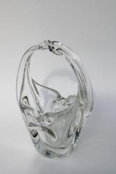 vintage Murano glass free form art glass basket, hand blown crystal clear glass