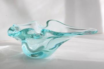 catalog photo of vintage Murano glass free form shape bowl or large ashtray, icy blue colored glass
