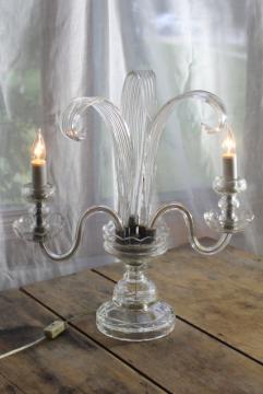 catalog photo of vintage Murano glass table lamp, crystal clear candelabra candle bulbs feather plumes