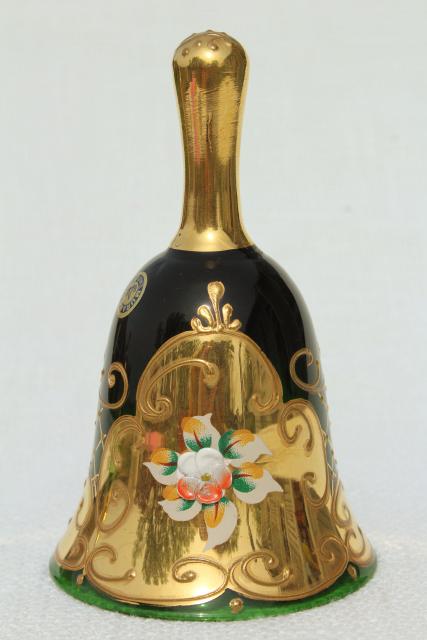 photo of vintage Murano glass table service bell, hand painted flowers encrusted gold #1