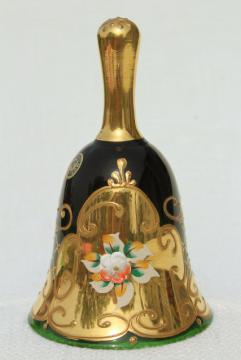 catalog photo of vintage Murano glass table service bell, hand painted flowers encrusted gold