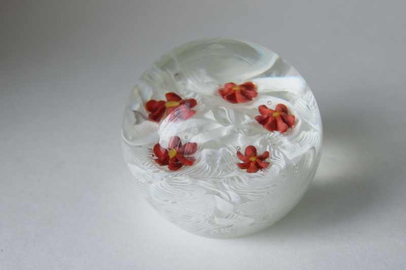 photo of vintage Murano label latticino glass paperweight white ribbons red flowers  #1