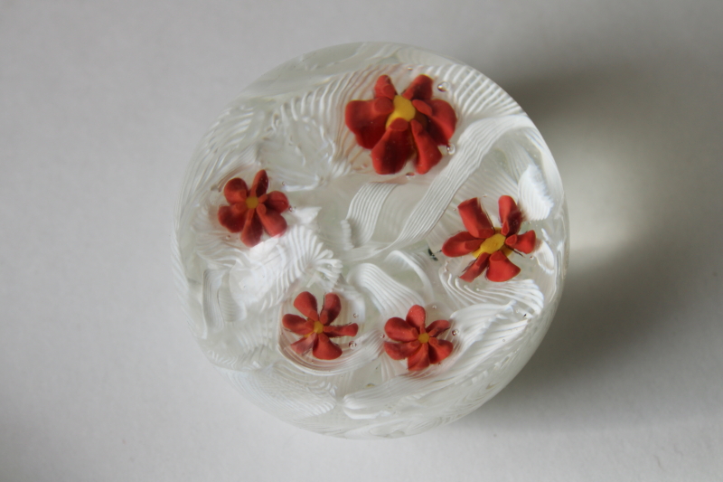 photo of vintage Murano label latticino glass paperweight white ribbons red flowers  #4