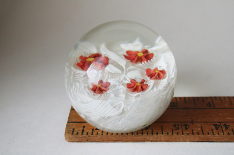 photo of vintage Murano label latticino glass paperweight white ribbons red flowers  #5