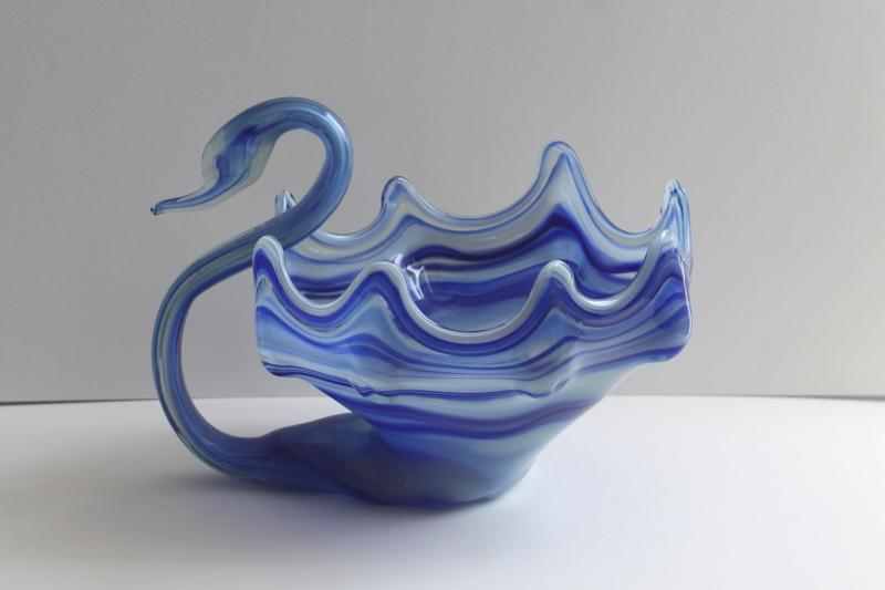 photo of vintage Murano style Sooner? art glass swan, cobalt blue slag glass large bowl or planter #1