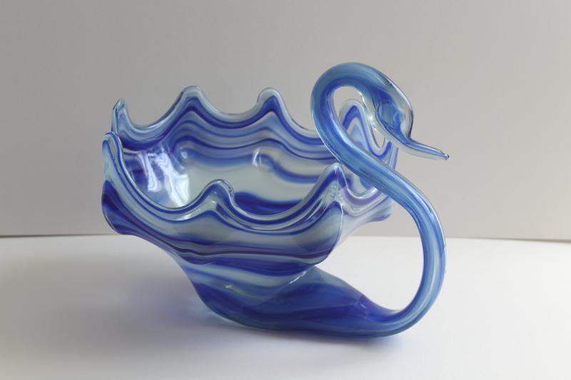 photo of vintage Murano style Sooner? art glass swan, cobalt blue slag glass large bowl or planter #4
