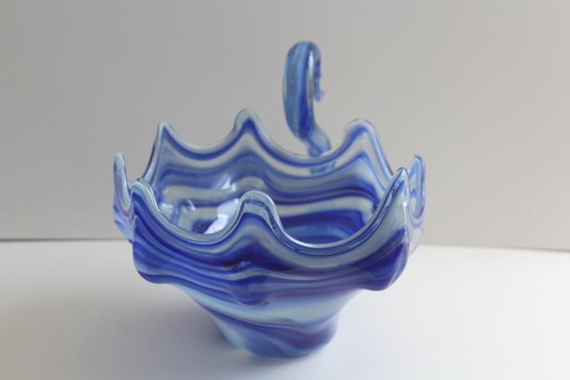 photo of vintage Murano style Sooner? art glass swan, cobalt blue slag glass large bowl or planter #6