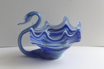 catalog photo of vintage Murano style Sooner? art glass swan, cobalt blue slag glass large bowl or planter