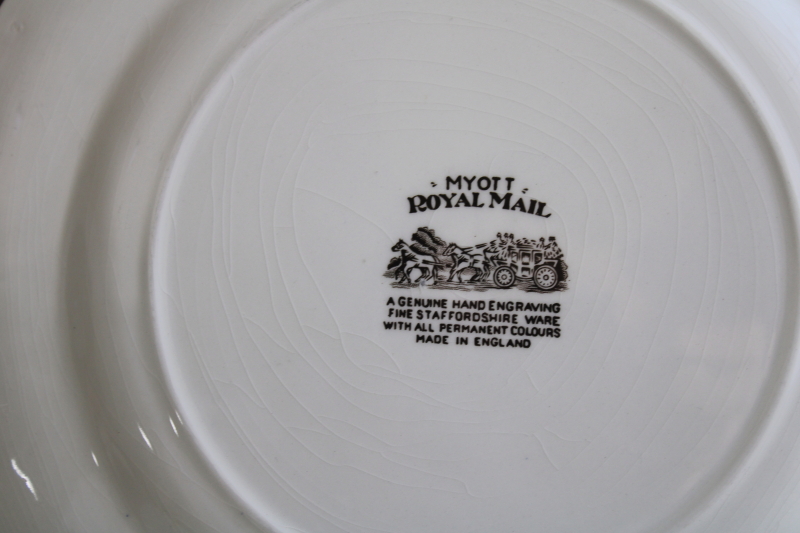 photo of vintage Myott England Royal Mail brown transferware white china dinner plates #6