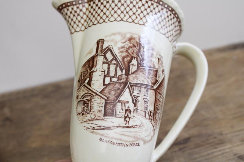 photo of vintage Myott Staffordshire china pitcher, Blacksmith's Forge Shakespeare Land #2