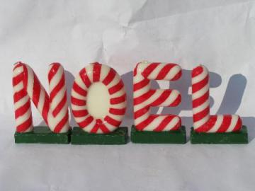 catalog photo of vintage NOEL Christmas candles, candy cane striped lettering, big candle letters