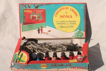 catalog photo of vintage NOMA Christmas tree lights, light string w/ bulbs in original box