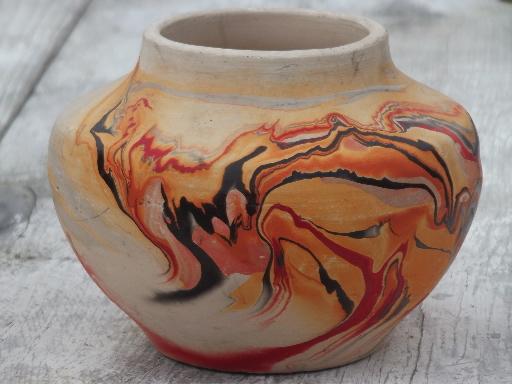 photo of vintage Namadji pottery  bowl planter, retro orange marbled Indian style pot #2