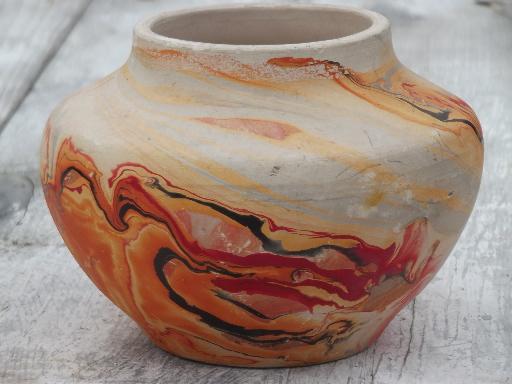 photo of vintage Namadji pottery  bowl planter, retro orange marbled Indian style pot #3