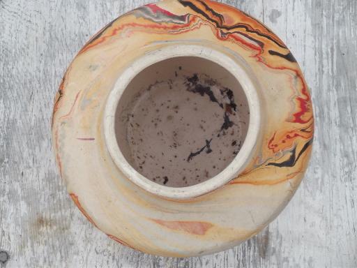 photo of vintage Namadji pottery  bowl planter, retro orange marbled Indian style pot #4