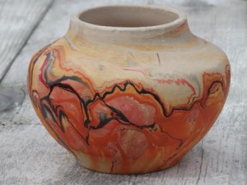 catalog photo of vintage Namadji pottery  bowl planter, retro orange marbled Indian style pot