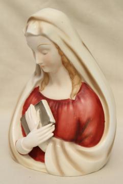 catalog photo of vintage Napco Japan Madonna, ceramic lady head vase, Mary w/ veil & book