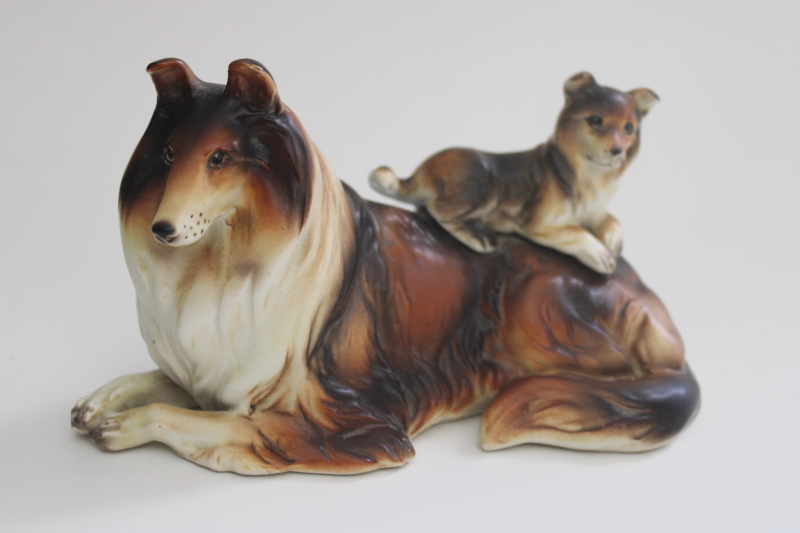 photo of vintage Napco Japan ceramic figurine, mama & puppy collie dog, cute Mothers Day gift! #1