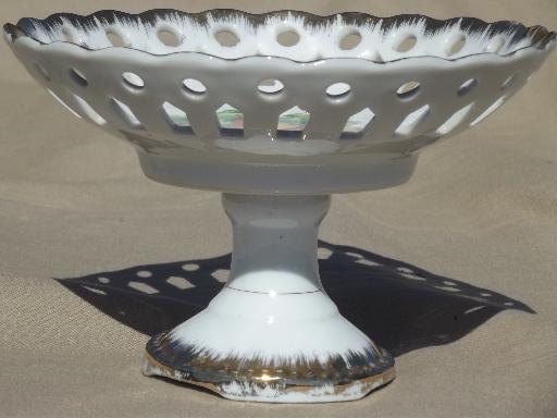 photo of vintage Napco - Japan china compote, painted fruit bowl w/ pierced lace #1