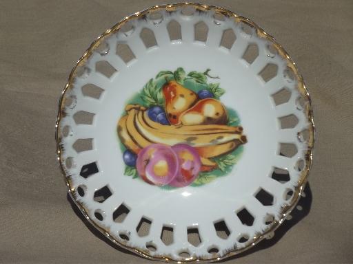 photo of vintage Napco - Japan china compote, painted fruit bowl w/ pierced lace #2