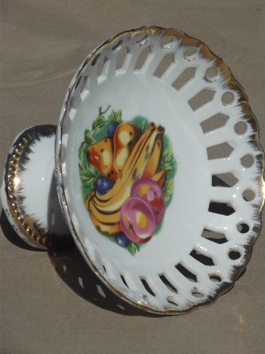 photo of vintage Napco - Japan china compote, painted fruit bowl w/ pierced lace #4