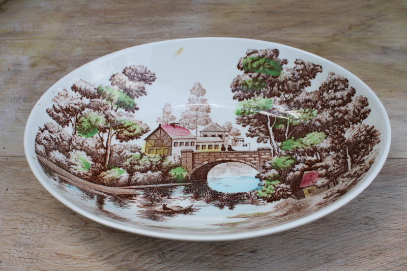 photo of vintage Nasco Japan china Holiday pattern bowl w/ Japanese countryside, barn, bridge #1