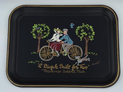 photo of vintage Nashco hand-painted tray, Mackinac Island bicycle built for two #1