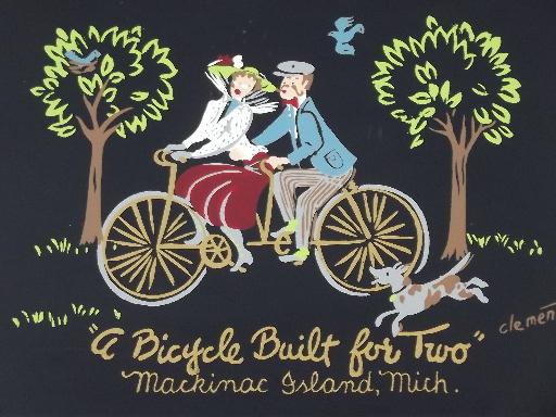 photo of vintage Nashco hand-painted tray, Mackinac Island bicycle built for two #3