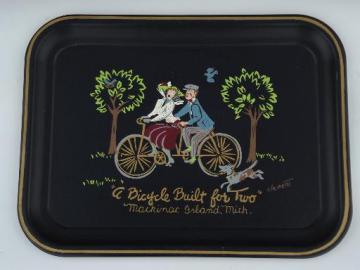 catalog photo of vintage Nashco hand-painted tray, Mackinac Island bicycle built for two