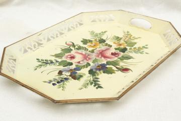 catalog photo of vintage Nashco serving tray, shabby chic lace edge pierced tole tin metal tray 