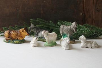 catalog photo of vintage Nativity scene animals, lot of sheep, donkeys, cow Christmas creche figures Italy & Japan 