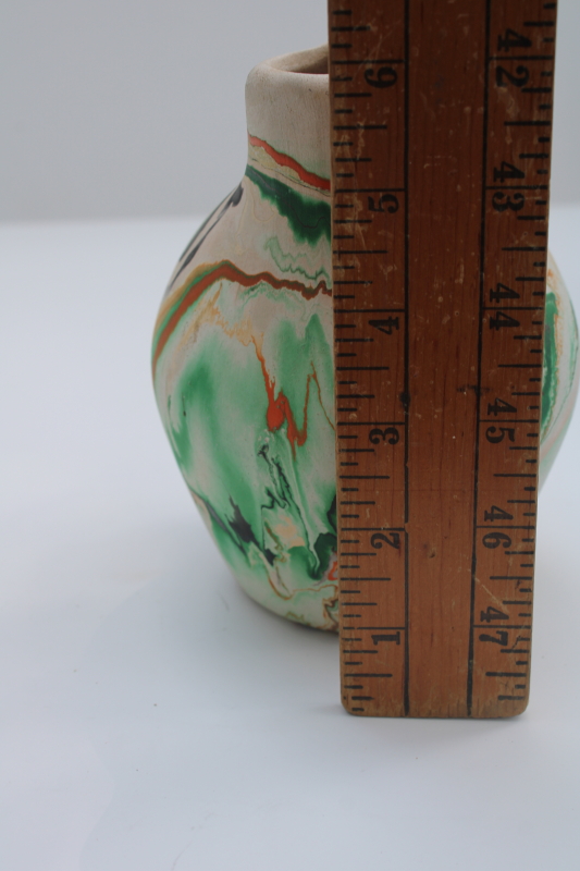 photo of vintage Nemadji pottery Indian wedding vase & planter pot, green marbled swirl  #2