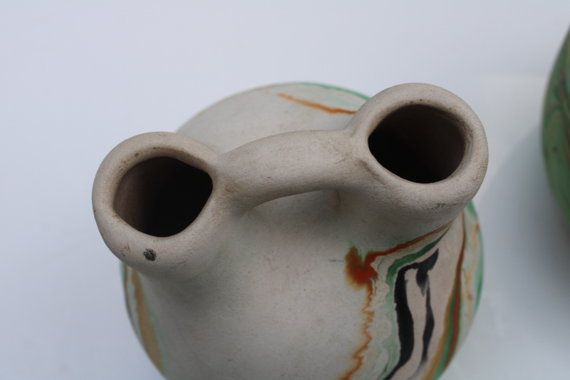 photo of vintage Nemadji pottery Indian wedding vase & planter pot, green marbled swirl  #5