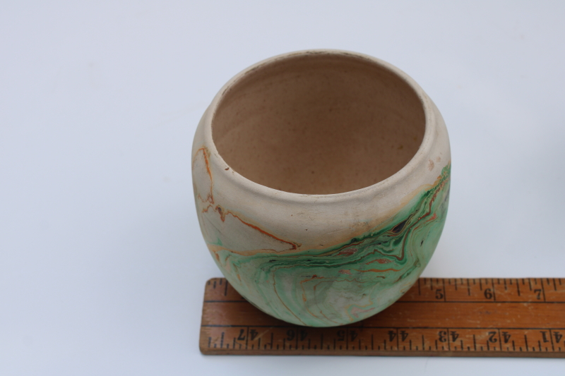 photo of vintage Nemadji pottery Indian wedding vase & planter pot, green marbled swirl  #10