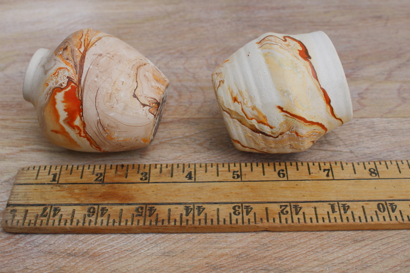 photo of vintage Nemaji pottery, tiny pots or vases w/ orange swirl marbled color #2