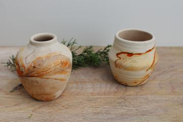 vintage Nemaji pottery, tiny pots or vases w/ orange swirl marbled color