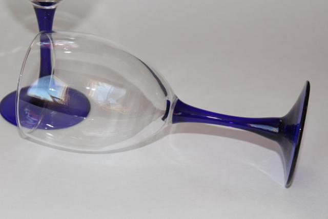 photo of vintage Neptune Cristal d'Arques wine glasses, sapphire cobalt blue stem crystal goblets #4