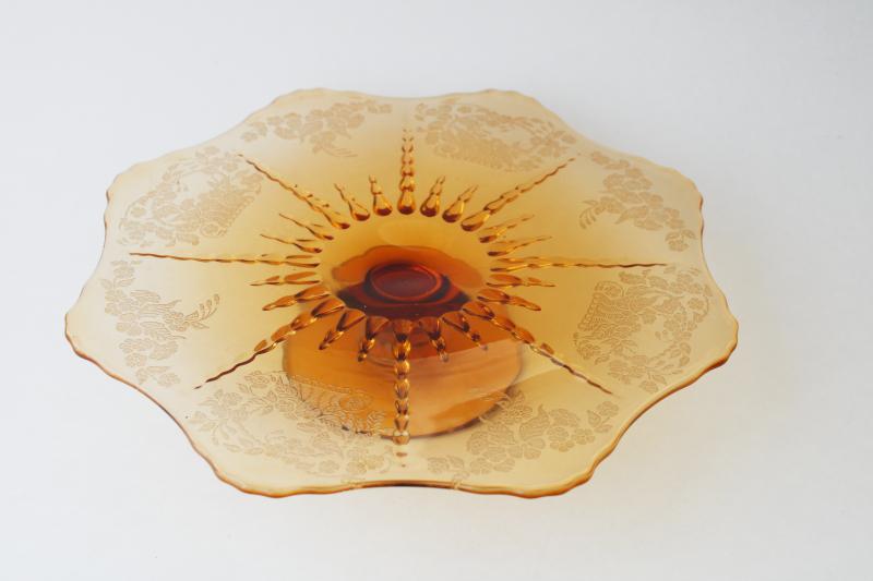 photo of vintage New Martinsville Radiance amber glass cake stand flower basket etched pattern  #1