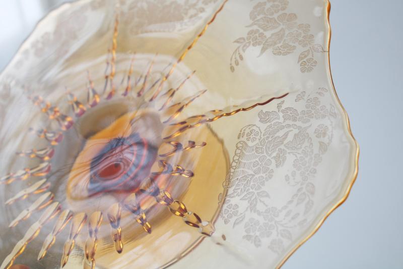 photo of vintage New Martinsville Radiance amber glass cake stand flower basket etched pattern  #4