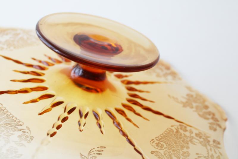 photo of vintage New Martinsville Radiance amber glass cake stand flower basket etched pattern  #5