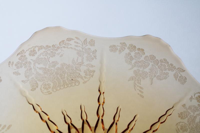 photo of vintage New Martinsville Radiance amber glass cake stand flower basket etched pattern  #6