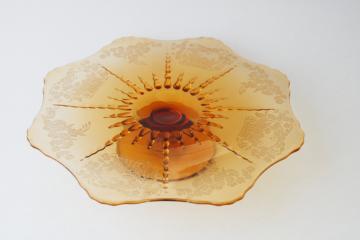 catalog photo of vintage New Martinsville Radiance amber glass cake stand flower basket etched pattern 