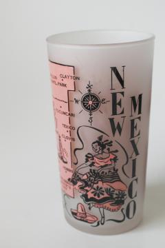 catalog photo of vintage New Mexico state map print drinking glass, souvenir from the days of road trip travel 