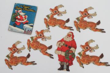 catalog photo of vintage Night Before Christmas story picture book & Santa / reindeer die-cut paper decorations